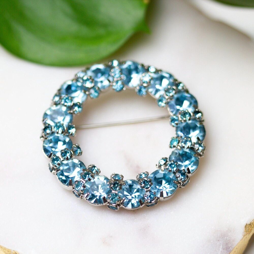Vintage Joseph Warner Blue Rhinestone Circle Brooch Pin Mid Century Wreath Retro
